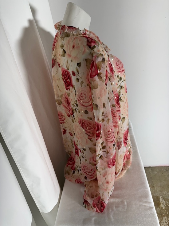 Sheer Rose-Print Blouse in Pink and Cream - Women's Floral Top - Picture 5 of 8